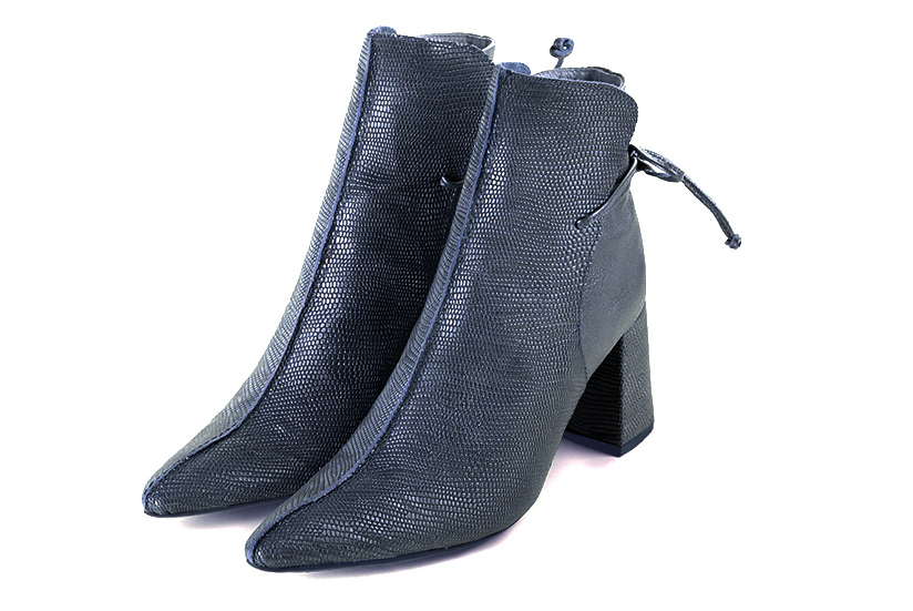 Denim blue women's ankle boots with laces at the back. Tapered toe. High flare heels. Front view - Florence KOOIJMAN